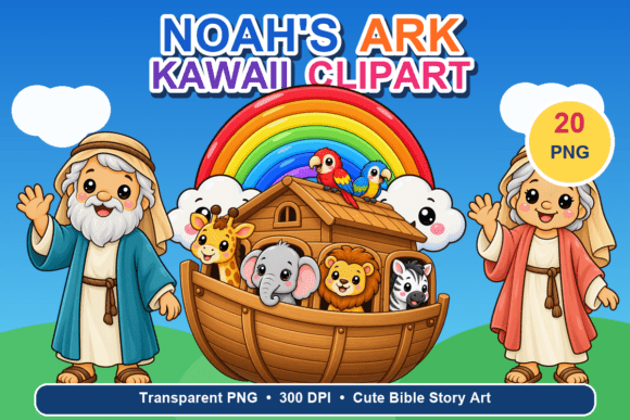 Portada de Noah’s Ark Kawaii Clipart: Noé, su esposa, el arca con animales y un arcoíris, pack de 20 PNG